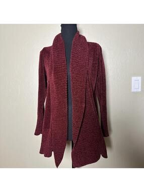 Modern Romantic Chenille Cardigan Open Front Draped Fit Wine Burgundy Cozy Layer